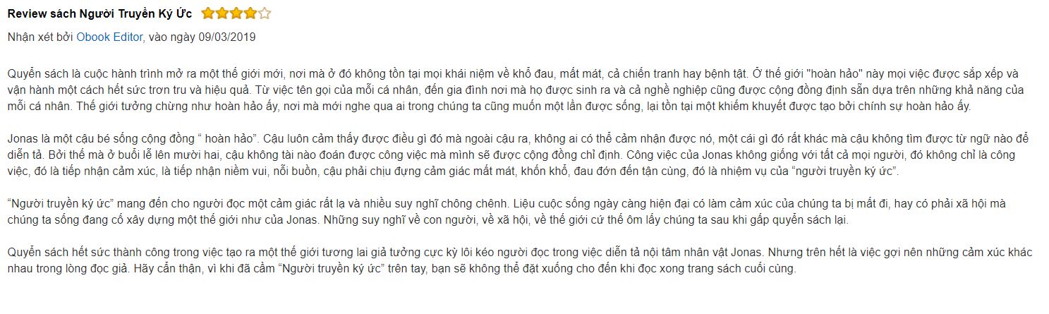 nhận xét hay của độ giả - Người truyền ký ức